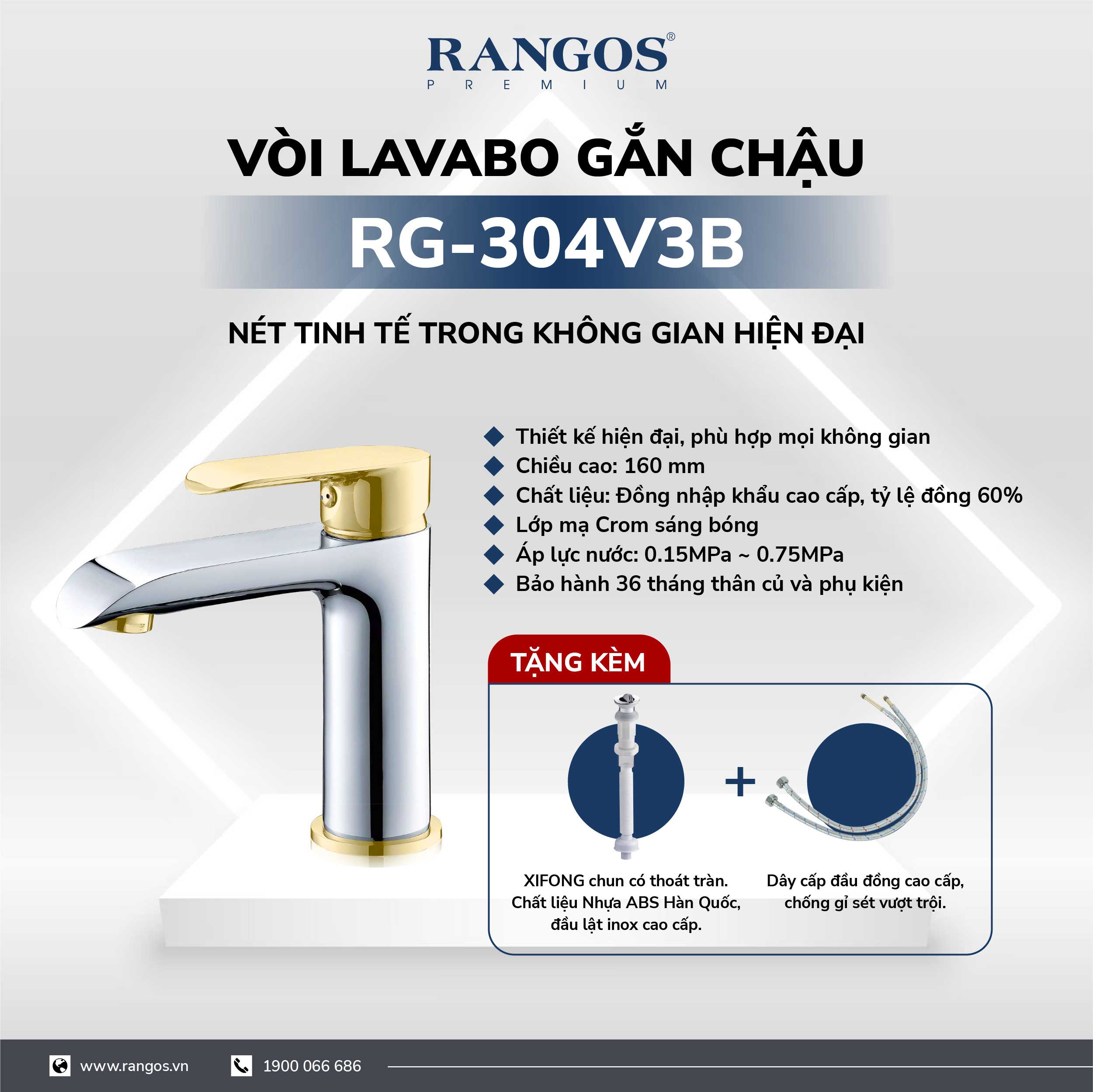 Bộ vòi lavabo gắn chậu Rangos RG-304V3B